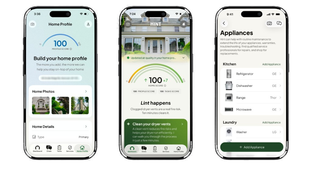 Hint Home mobile app screenshots showing Home Profile, Dashboard, and Appliances