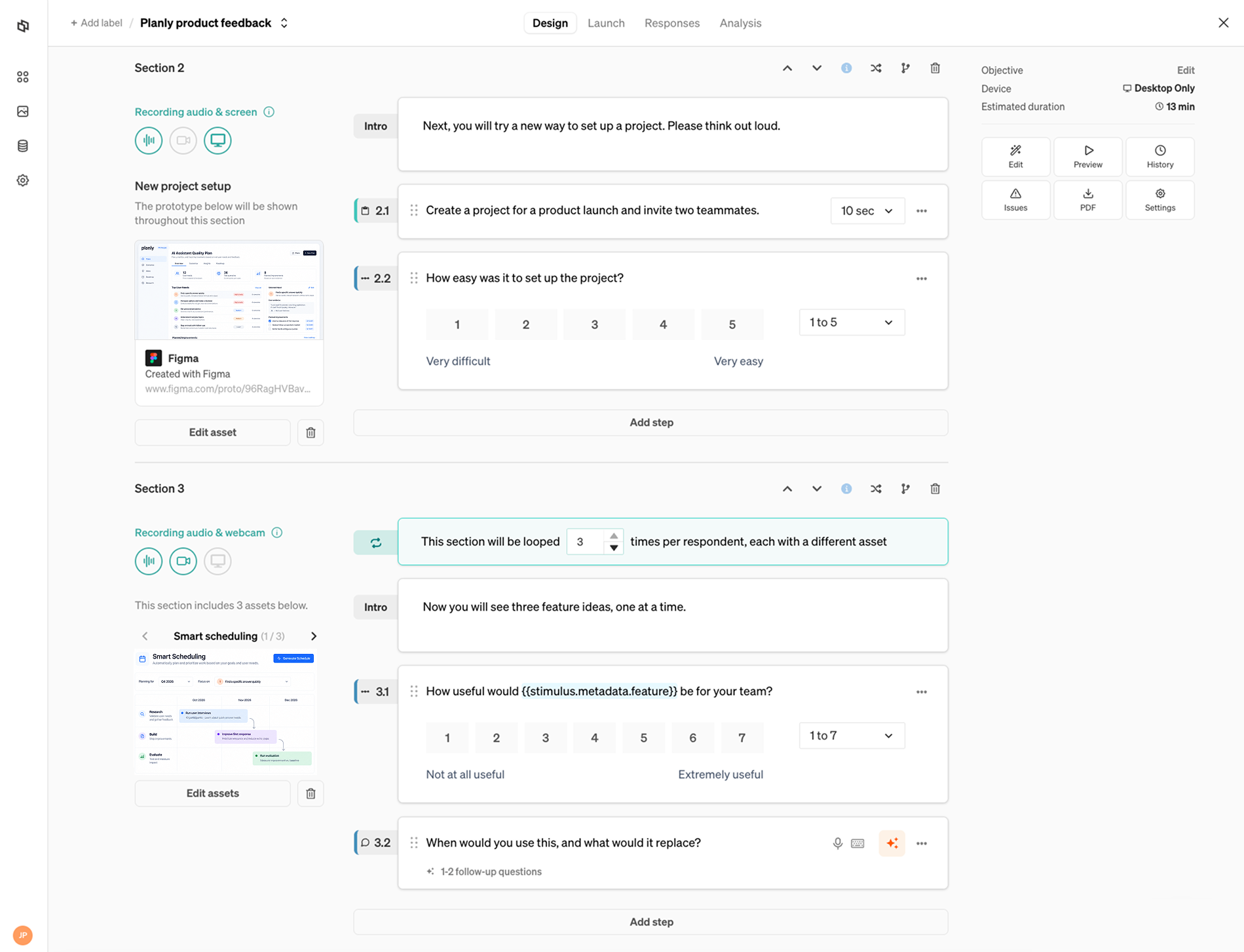 Sections 2 and 3 of the Planly product feedback study in the Voicepanel study editor. Section 2 has a Figma prototype, screen recording, a task, and a rating scale. Section 3 loops through three feature images with webcam recording.